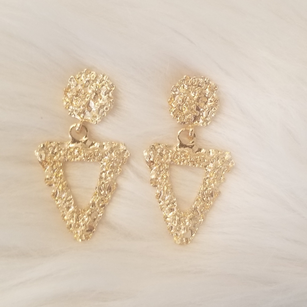 Gold, Geometric Shaped, Hammered Earrings